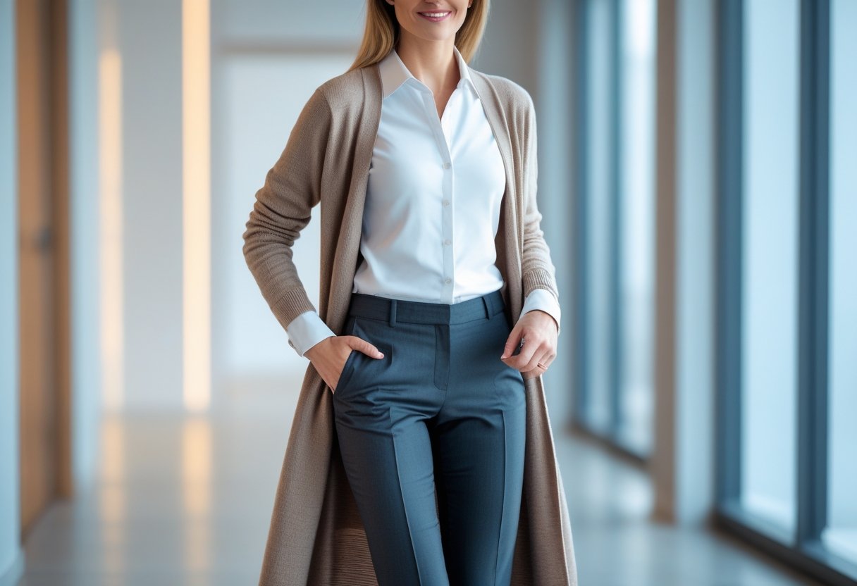 Sådan styler du habitbukser til enhver lejlighed med en lang cardigan